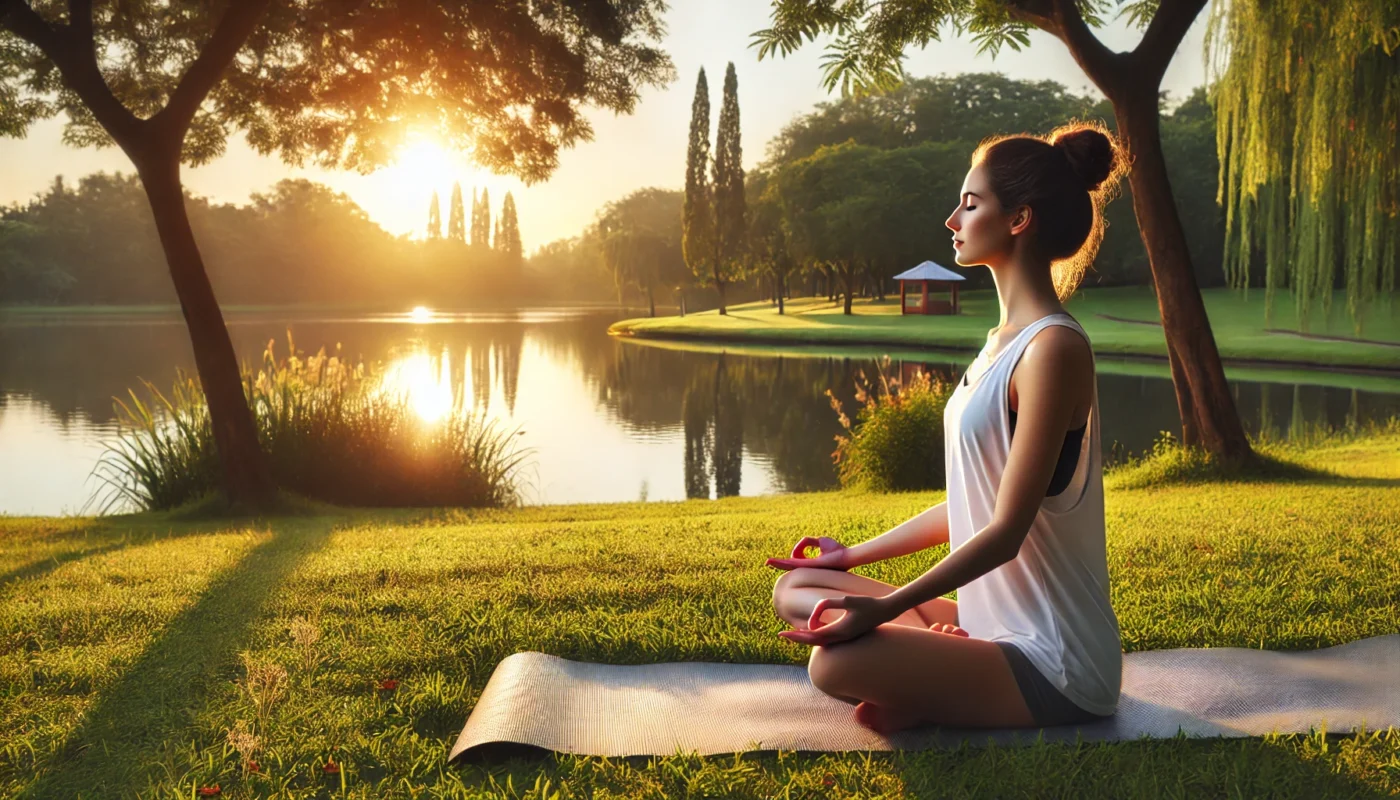 A serene individual practicing mindful breathing outdoors, focusing on deep breaths to enhance mental clarity and reduce stress