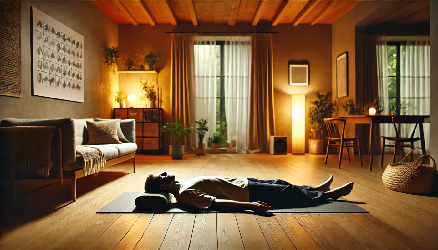 An individual lying on a yoga mat indoors, practicing body scan meditation for relaxation, stress relief, and improved mental clarity