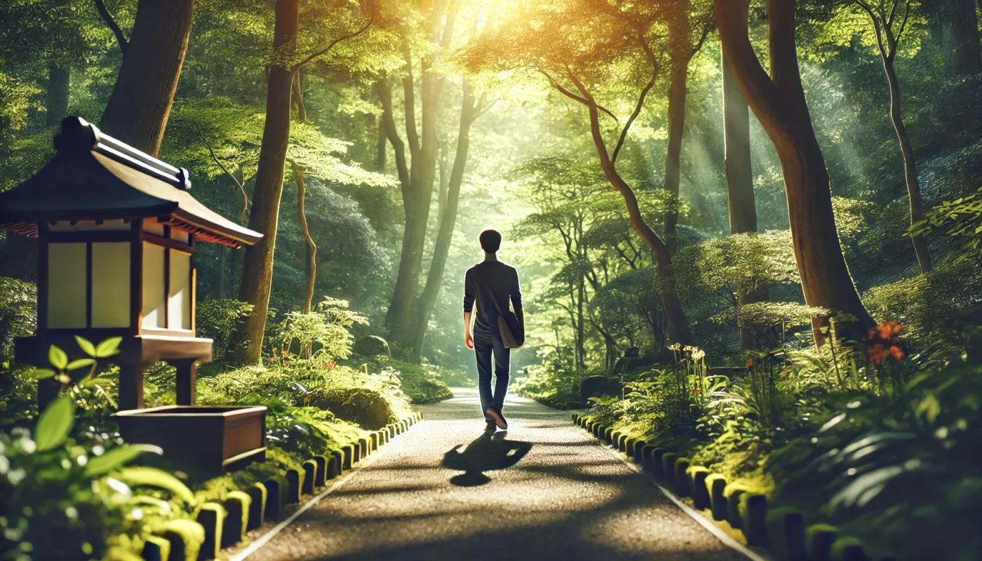 A person walking mindfully through a serene forest, focusing on each step and surrounding nature to achieve greater mental clarity and presence