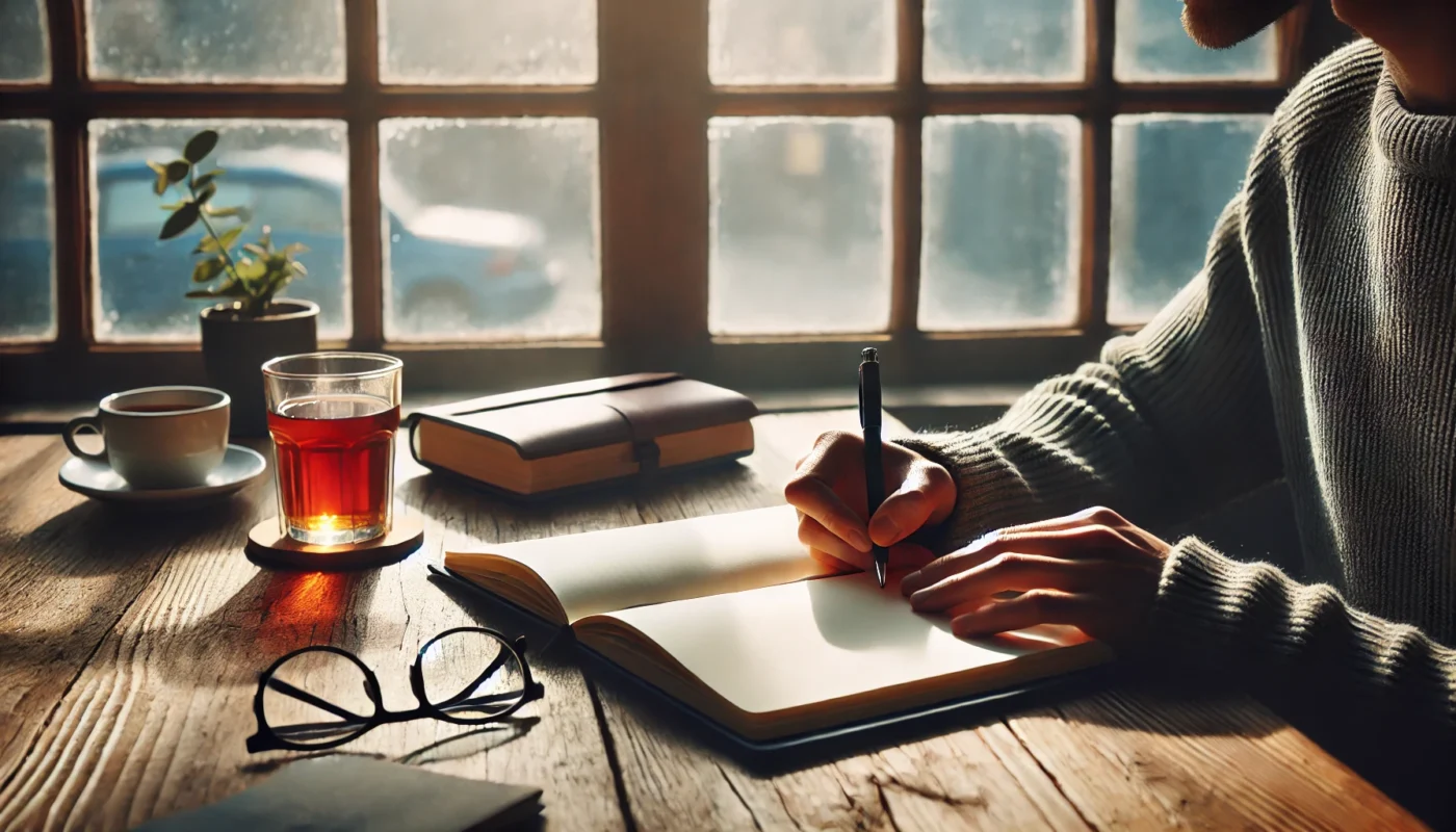 A person sitting at a wooden desk near a window, writing in a journal to organize thoughts, reduce mental clutter, and improve focus