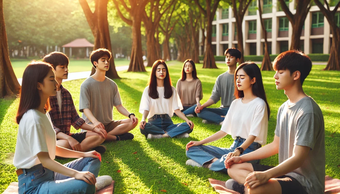 College students practicing mindful breathing outdoors to enhance focus and well-being on campus.