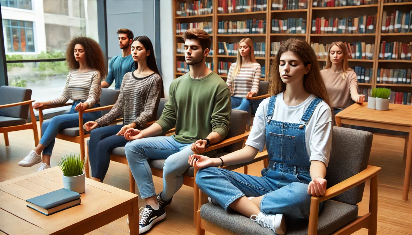 College students practicing body scan meditation in a quiet library setting to relieve stress and enhance concentration