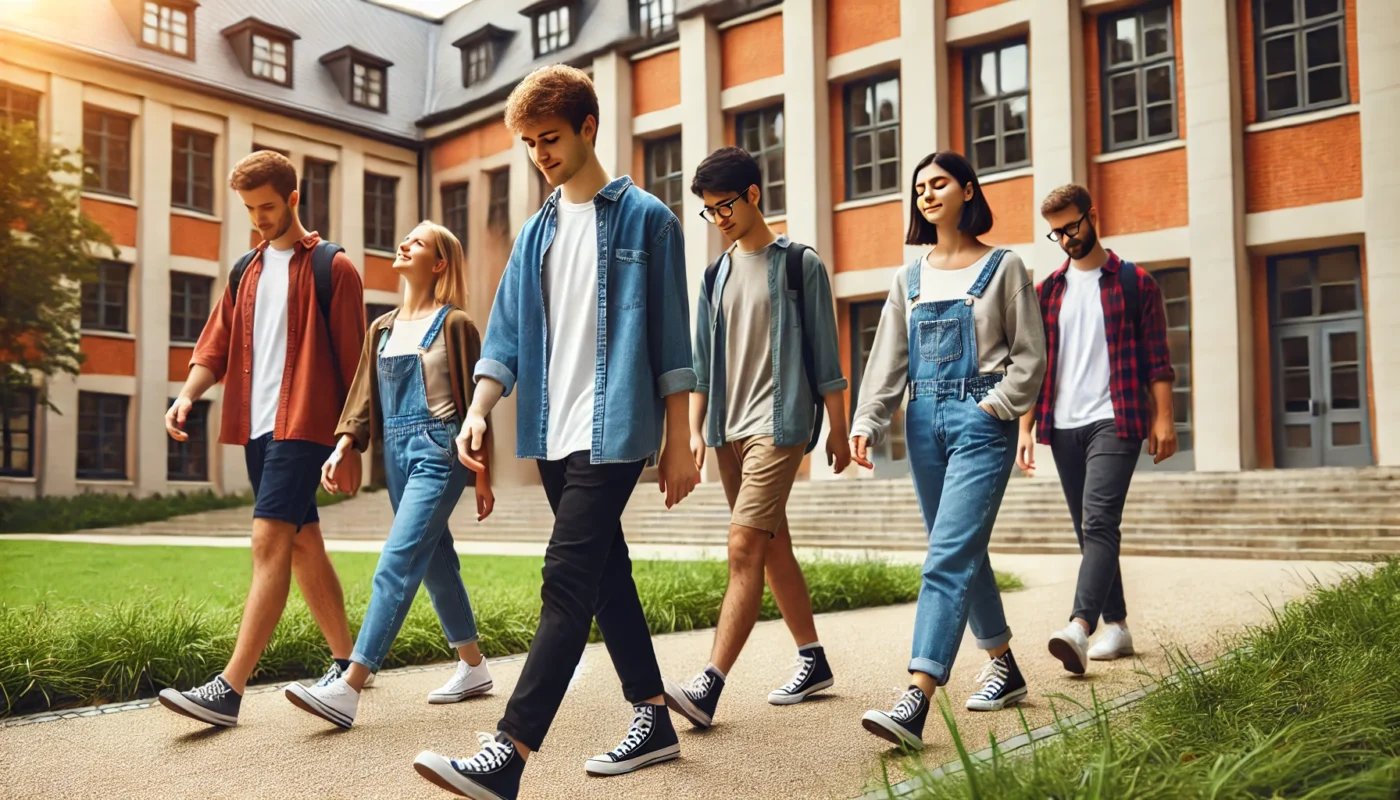 College students practicing mindful walking on campus to increase focus and relaxation