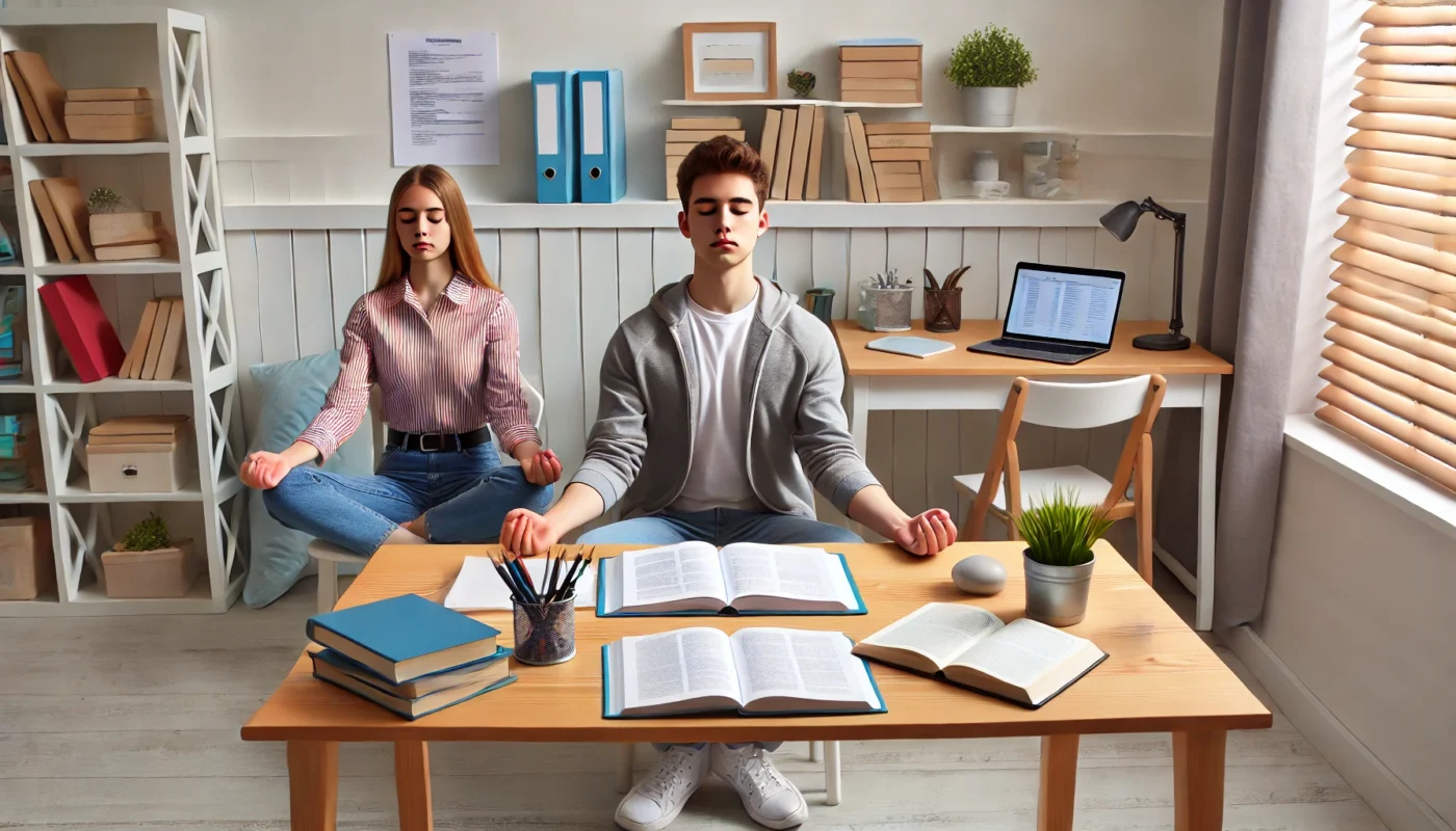 College students practicing mindful studying with deep breaths and a distraction-free workspace for better focus