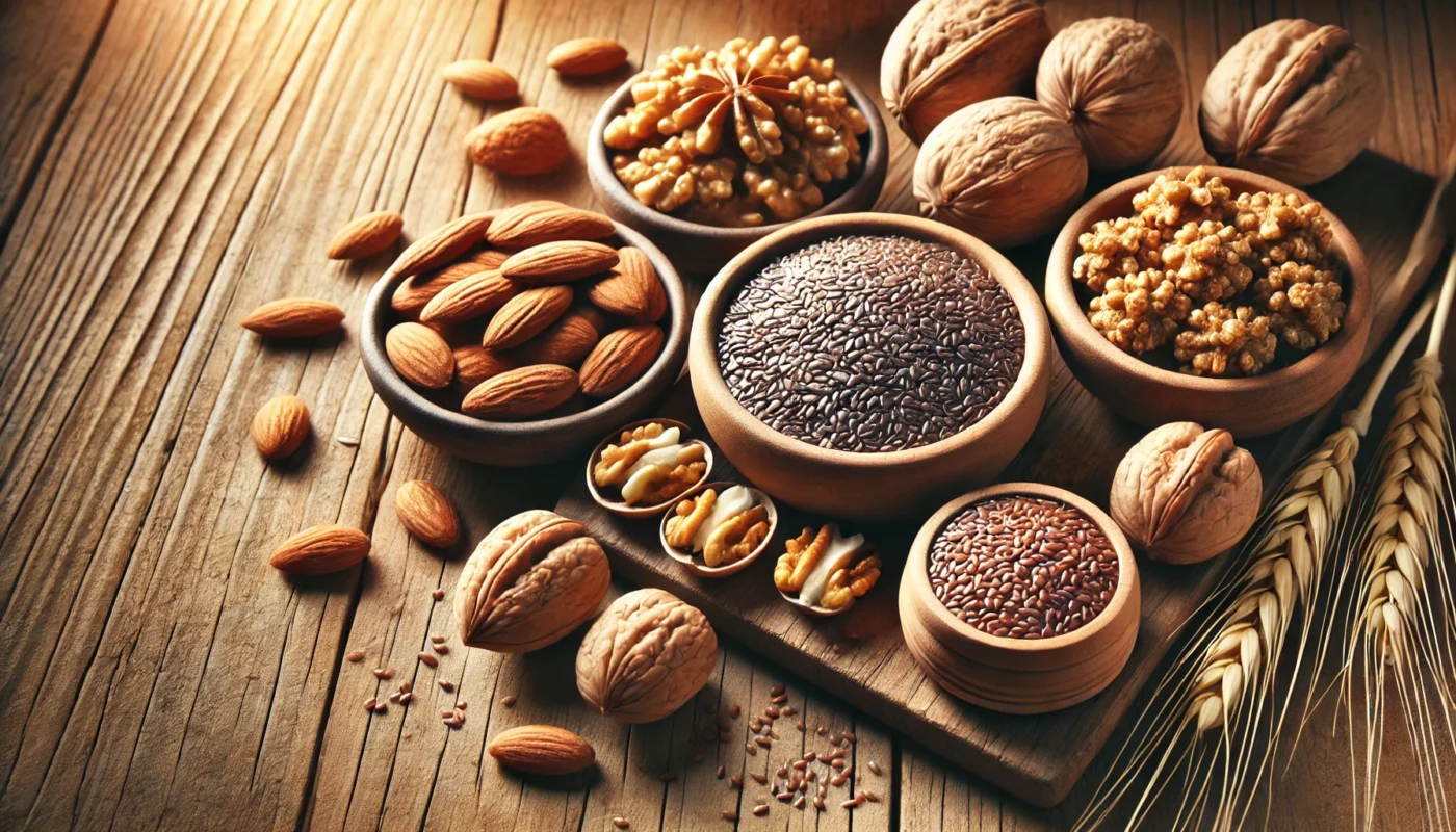 A visually appealing assortment of estrogen-boosting nuts and seeds, including almonds, walnuts, sesame seeds, and flaxseeds, arranged in rustic bowls on a wooden surface with warm lighting.