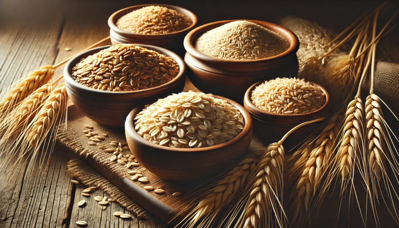 A high-quality display of whole grains rich in estrogen, including oats, barley, and brown rice, in rustic ceramic bowls on a wooden table, with an organic and natural presentation.