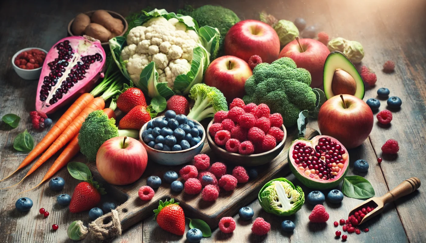 A colorful selection of phytoestrogen-rich fruits and vegetables, featuring fresh berries (strawberries, raspberries, blueberries), apples, carrots, and cruciferous vegetables (broccoli, cauliflower, Brussels sprouts), displayed on a wooden surface with natural lighting.