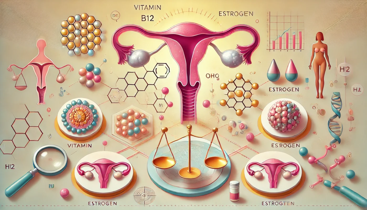 A conceptual infographic illustrating the biochemical relationship between Vitamin B12 and estrogen, featuring molecular structures, neurotransmitter pathways, and a balanced scale symbolizing hormonal equilibrium.