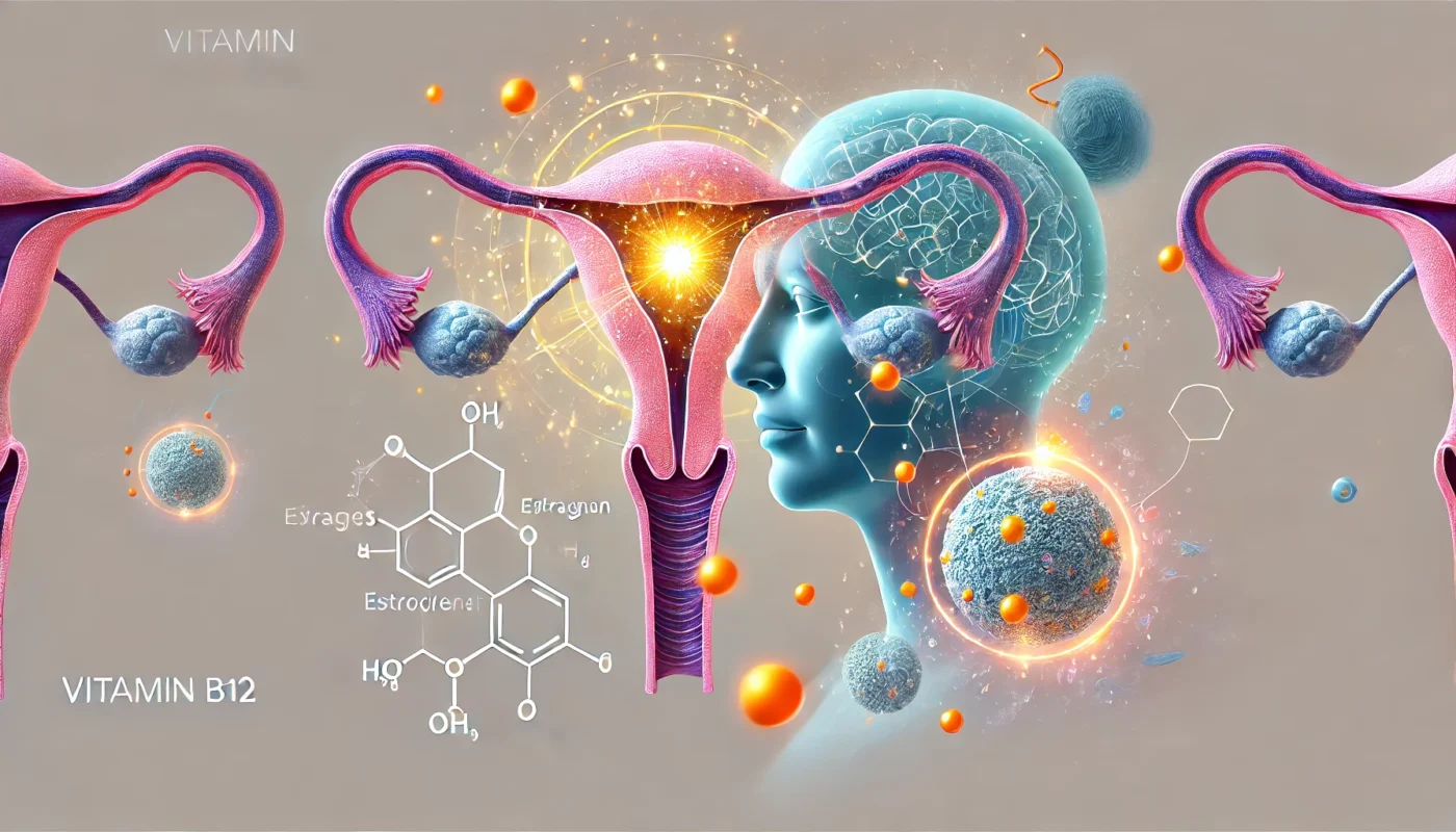 A stylized medical illustration depicting the role of Vitamin B12 in estrogen production, highlighting the endocrine system, brain, and ovaries with a glowing energy effect to represent hormonal balance.