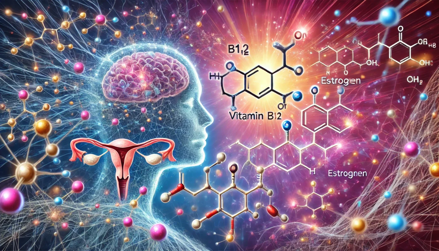 A digital artwork showing the molecular structures of Vitamin B12 and estrogen, interconnected by abstract biochemical pathways, symbolizing their influence on brain function and hormone regulation.