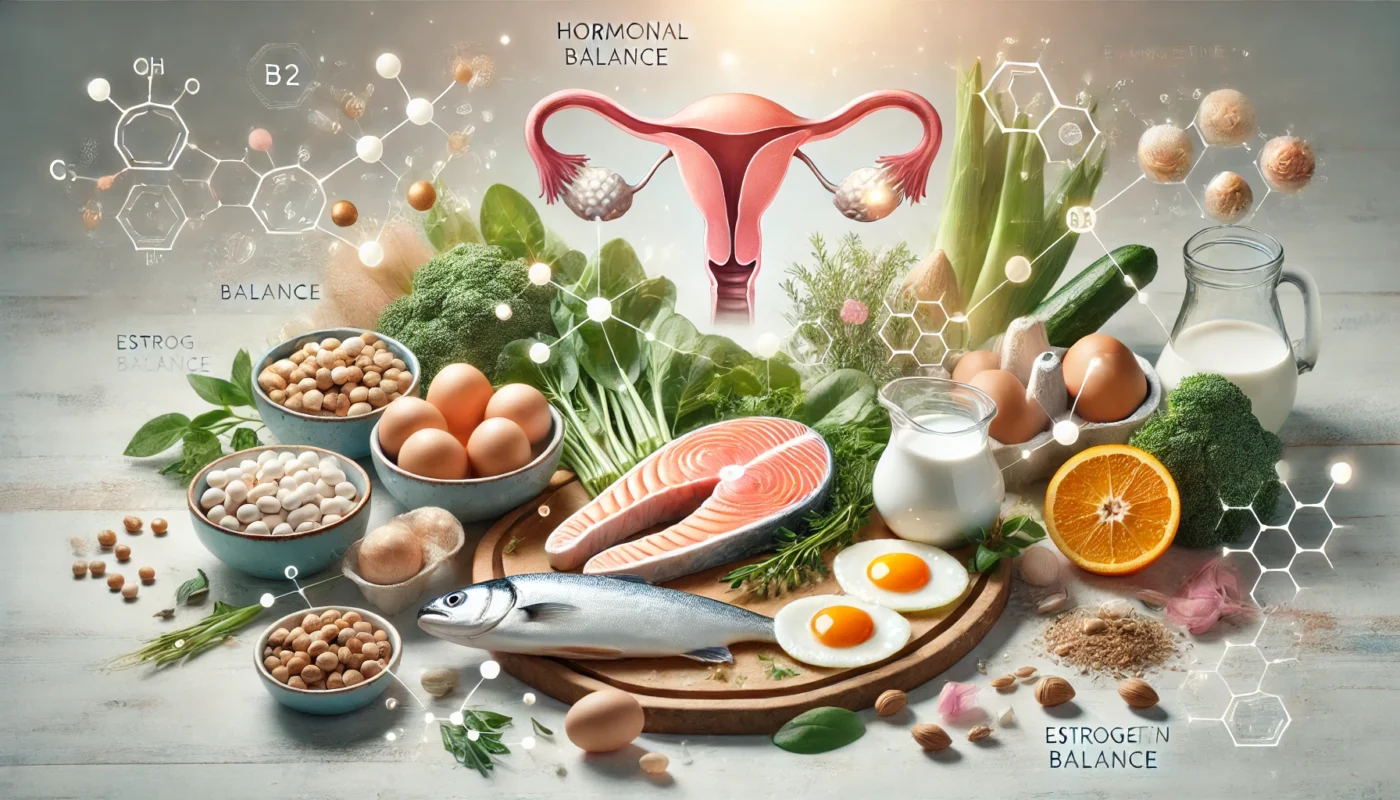 A visually appealing composition of nutrient-rich foods, including fish, eggs, dairy, and leafy greens, with subtle endocrine symbols representing the connection between Vitamin B12 intake and estrogen balance.