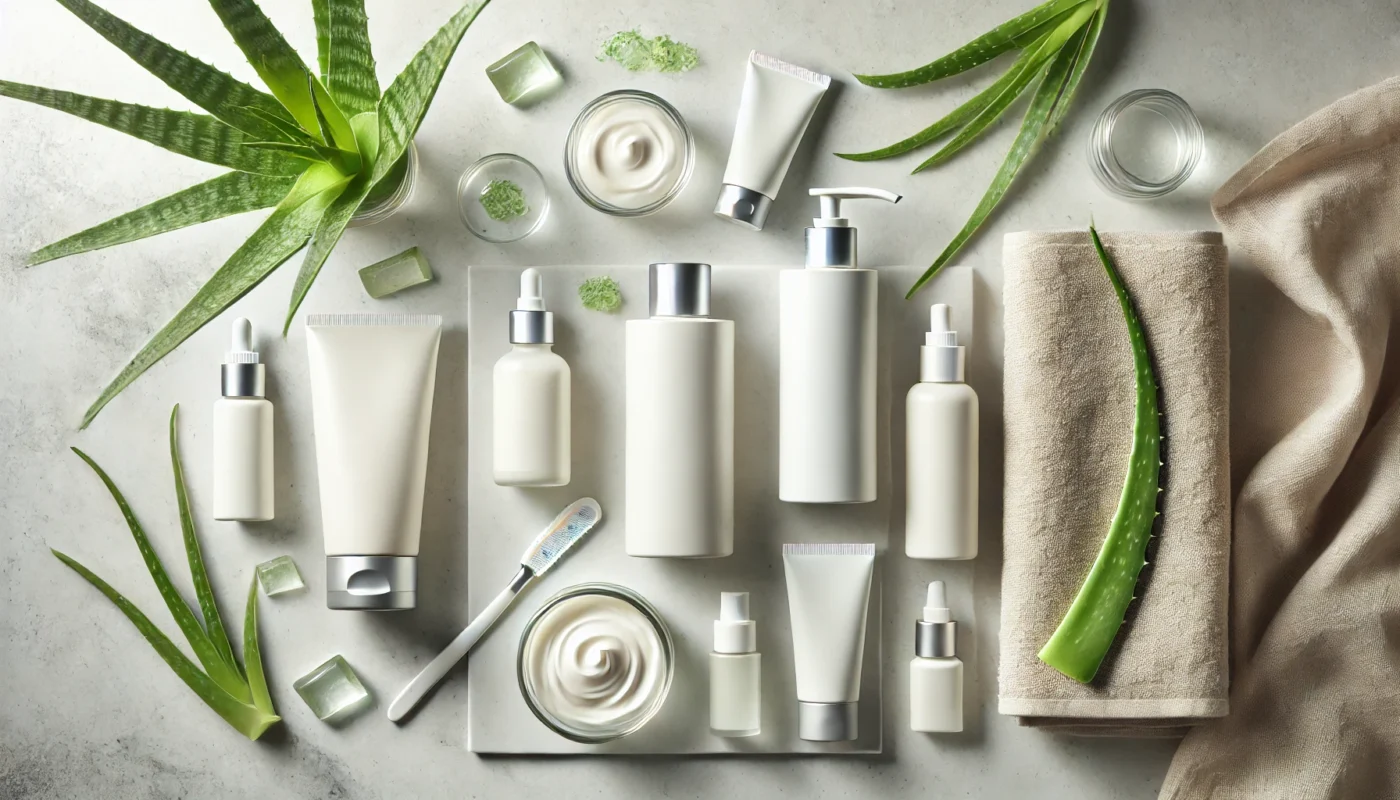 A flat lay of everyday sunblock bottles and tubes on a white surface, accented with aloe vera leaves, a soft towel, a bowl of sunscreen cream, and hydrating elements, showcasing practical skincare essentials for daily sun protection.