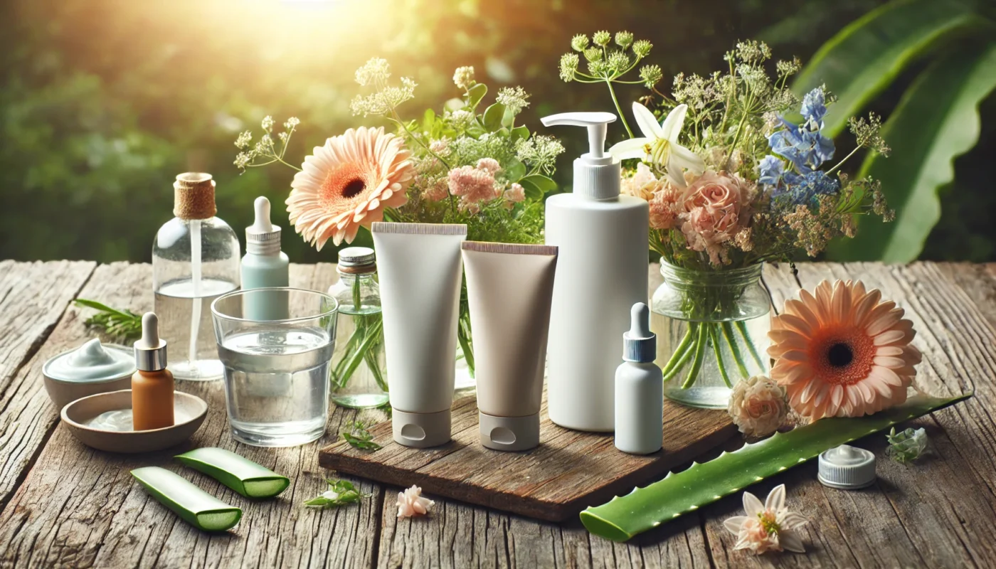 A vibrant outdoor setup showcasing sunblock bottles and tubes on a wooden table, surrounded by fresh aloe vera slices, floral arrangements, small glass jars, and a bowl of sunscreen cream, emphasizing sun protection in a natural and refreshing environment.