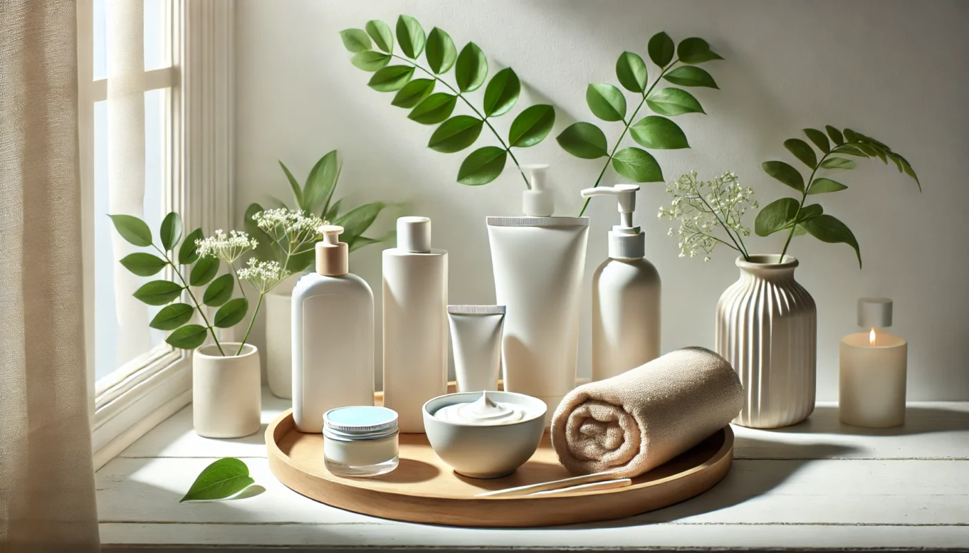 A bright and minimalistic skincare setup with sunblock bottles and tubes arranged on a wooden tray, surrounded by a soft beige towel, a bowl of sunscreen cream, fresh green leaves, and white flowers, illuminated by natural sunlight for a clean and calming daily sun protection routine.