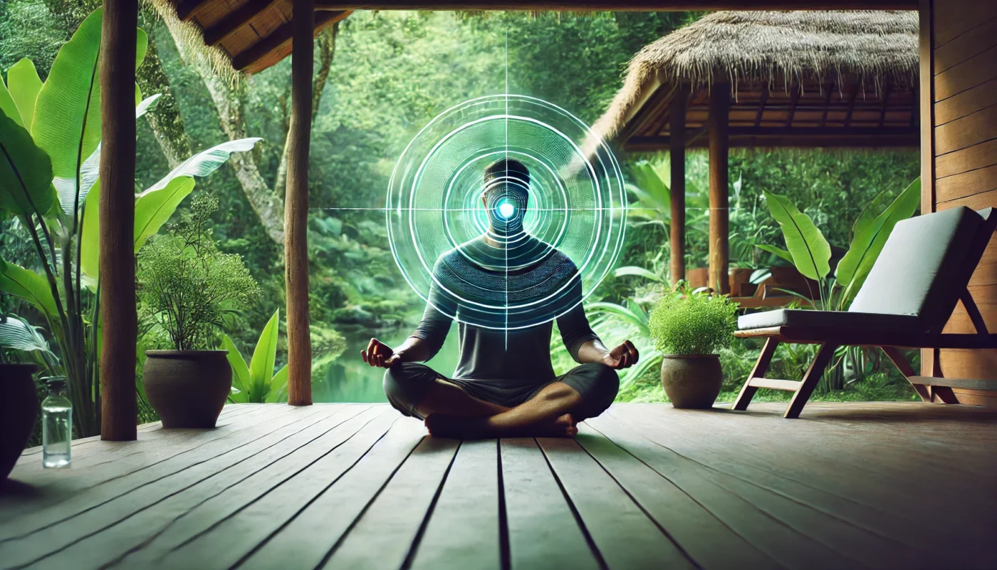 A person practicing focus meditation indoors, sitting on a yoga mat in a peaceful room with natural lighting