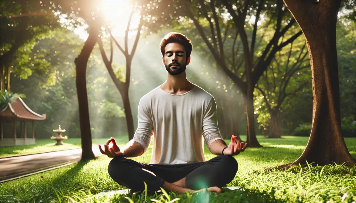 An individual sitting cross-legged in a peaceful park, practicing mindfulness meditation to improve focus and concentration