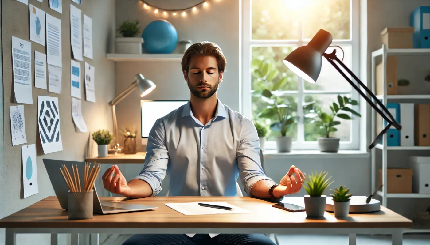 A professional working at a desk with a calm and focused expression, incorporating meditation techniques to enhance productivity and mental clarity