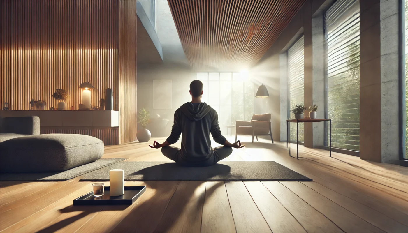 A person sitting in a meditation pose in a modern home environment, engaging in deep breathing exercises to boost focus and reduce stress