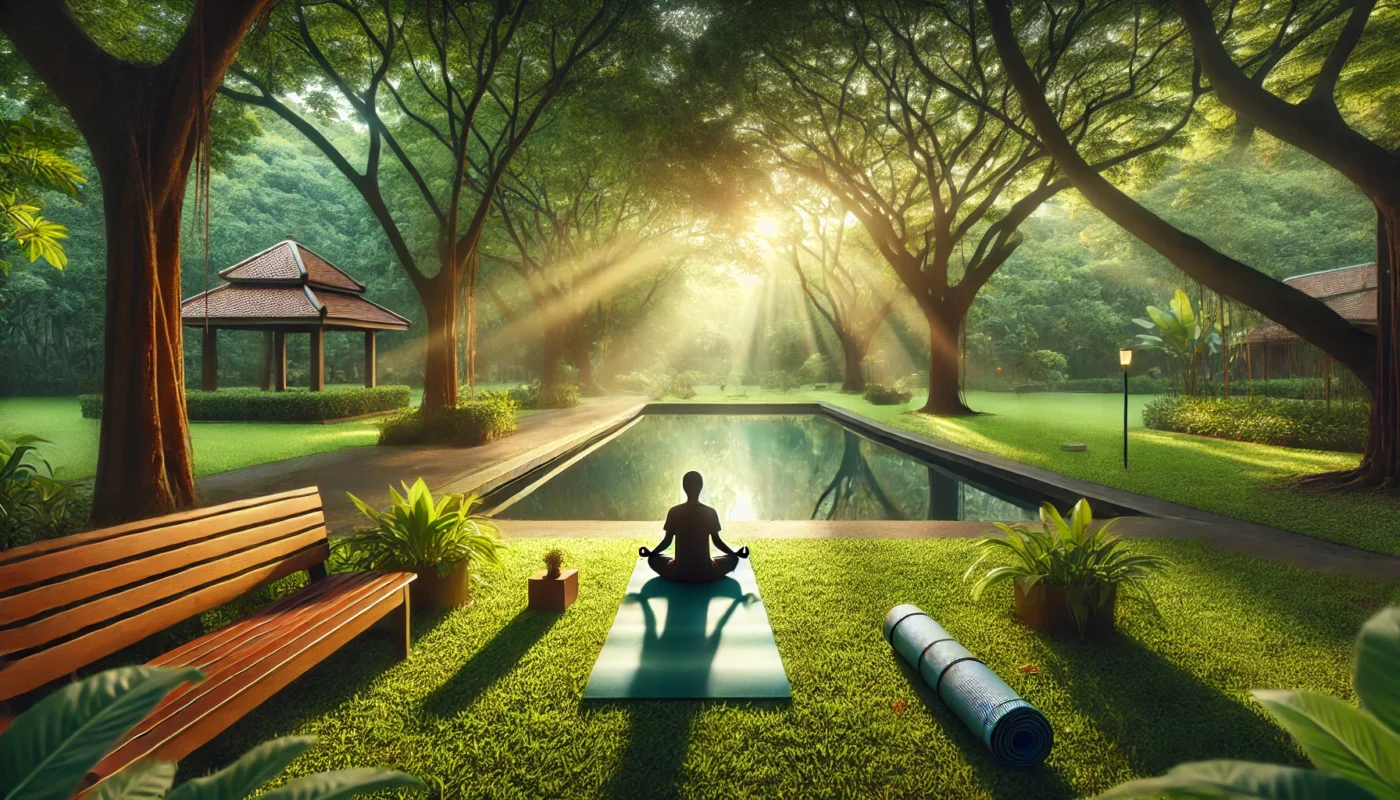 A serene outdoor park setting with a person practicing guided meditation, demonstrating how meditation helps with focus and mental well-being