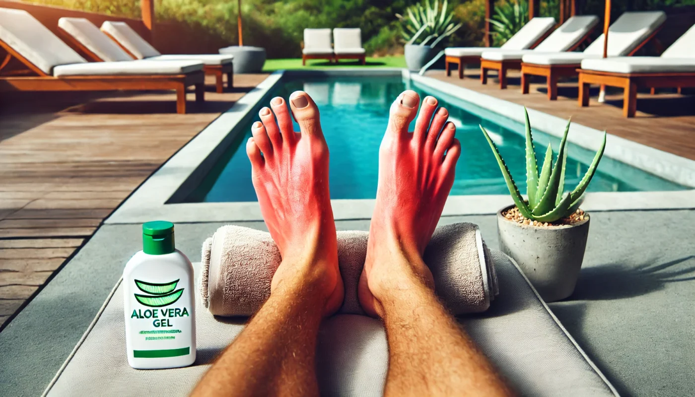 Visibly sunburned and swollen feet resting on a soft towel by the poolside, with a bottle of aloe vera gel nearby. The scene highlights post-sunburn care and hydration strategies for 'foot swollen after sunburn.