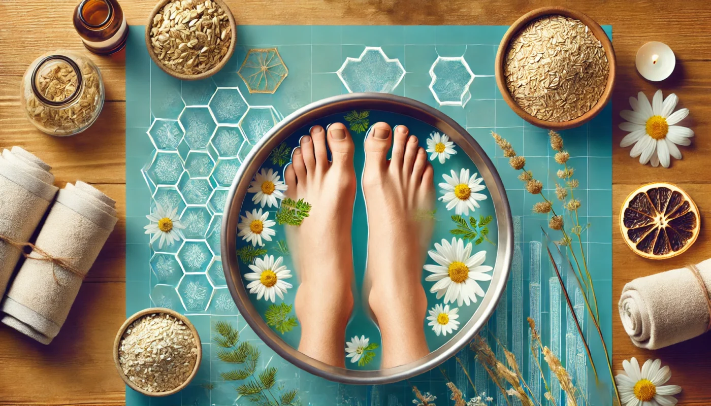 Swollen feet immersed in a soothing oatmeal bath surrounded by natural elements like oatmeal and chamomile flowers. The calm indoor environment demonstrates natural remedies for 'foot swollen after sunburn.