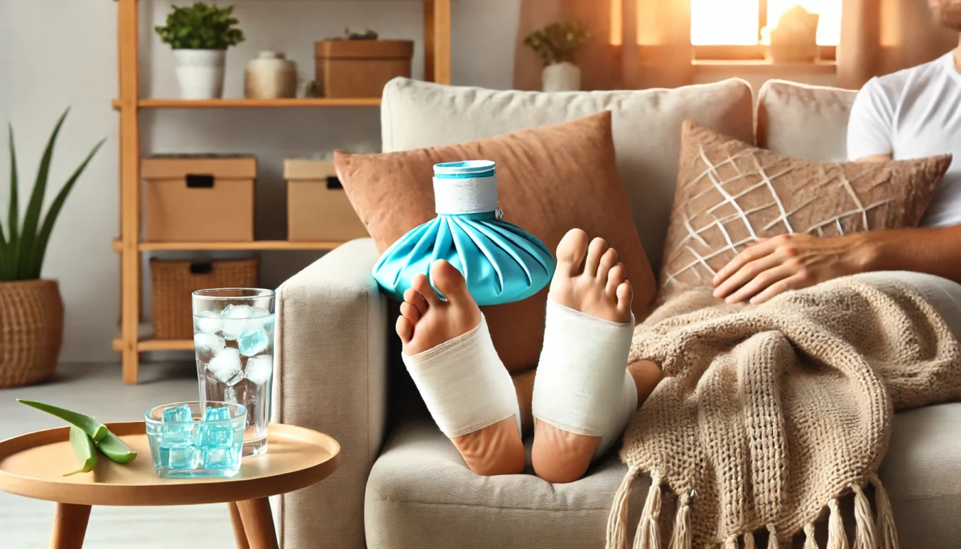 Swollen feet resting on a soft couch with an ice pack wrapped in a towel applied. The cozy indoor setting includes a blanket and a side table with soothing essentials, offering relief for 'foot swollen after sunburn.