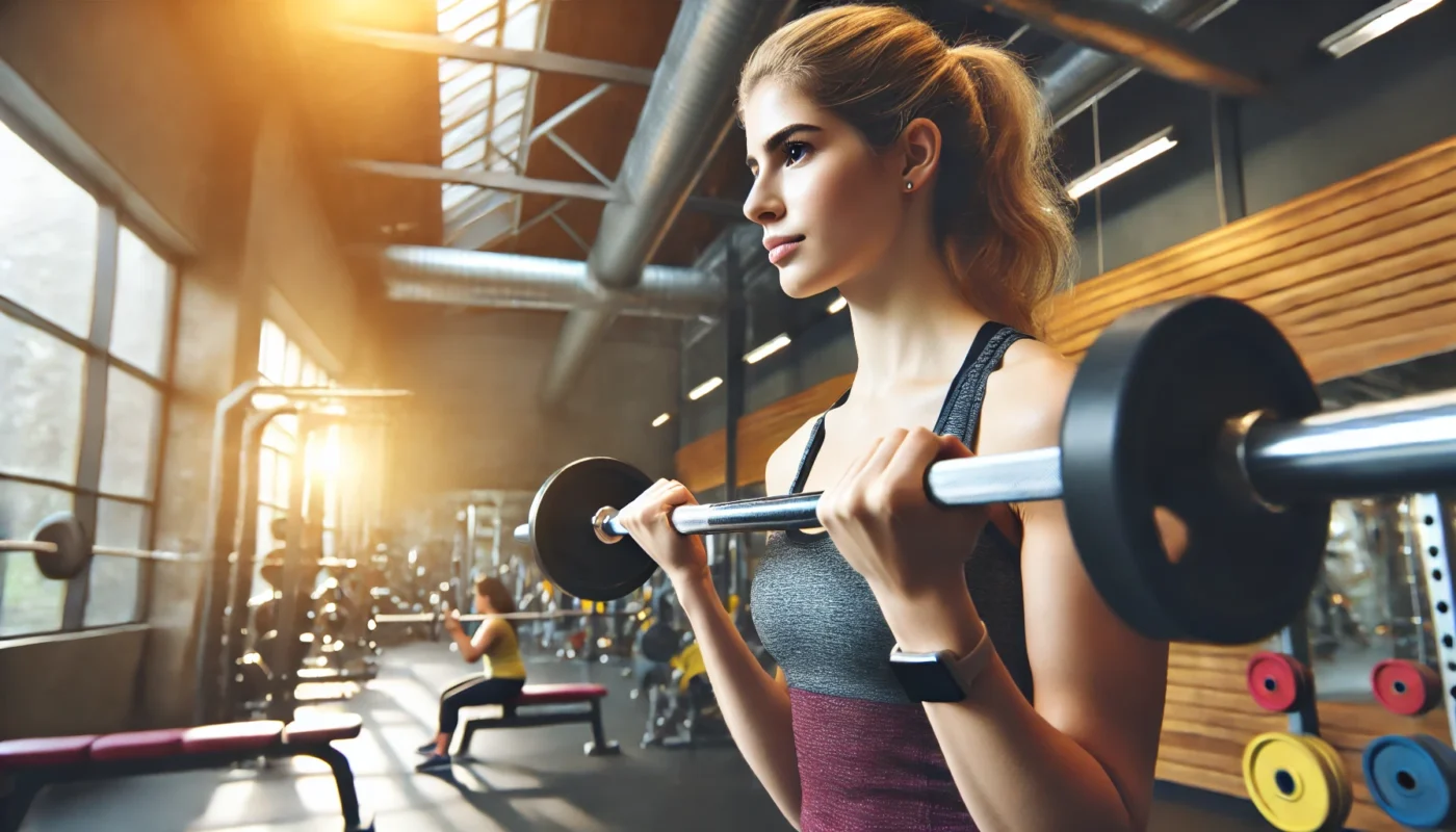 A woman lifting weights in the gym, illustrating strength training as an exercise strategy for Hormone Type 6 management.