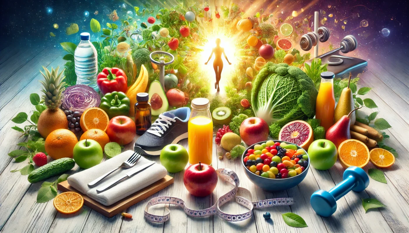 A vibrant health and wellness concept featuring fresh fruits, vegetables, exercise equipment, and a serene setting, symbolizing overall well-being.