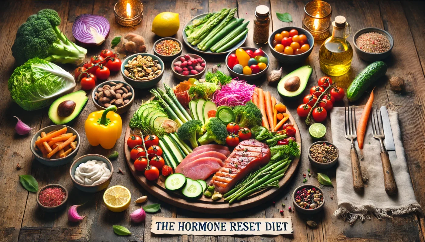 Nutrient-rich meal spread from the hormone reset diet book, featuring fresh vegetables, proteins, and healthy fats.