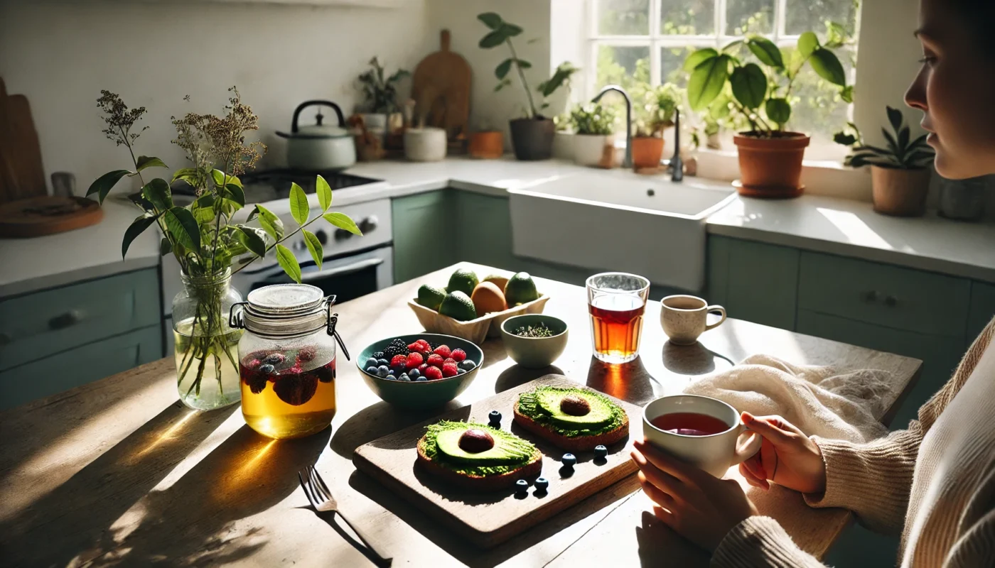 Balanced breakfast inspired by the hormone reset diet book with avocado toast, herbal tea, and berries.