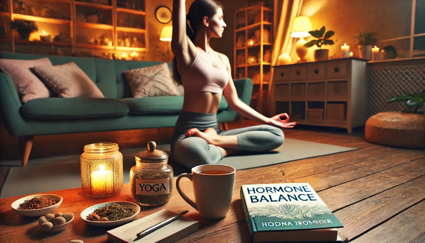 Holistic wellness routine from the hormone reset diet book—yoga, herbal tea, and relaxation.