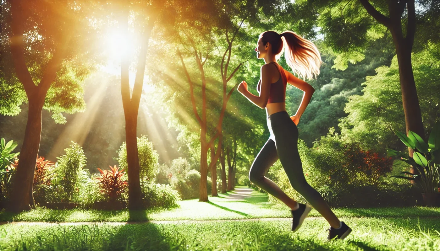 Vibrant health and wellness—an energetic woman running through a sunlit park, embracing movement and balance.