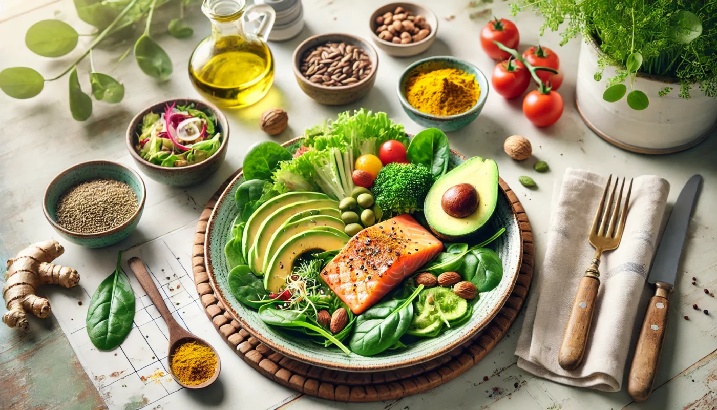 A colorful and nutritious meal prepared for the Hormone Type 2 Diet Plan, including leafy greens, grilled salmon, avocado, and nuts, served in a fresh and natural kitchen setting.