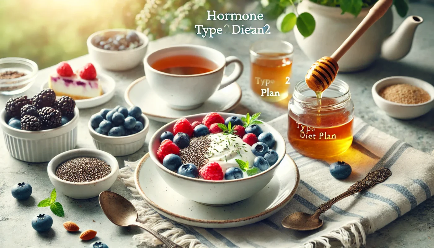 A serene and inviting breakfast designed for the Hormone Type 2 Diet Plan, featuring Greek yogurt topped with fresh berries, chia seeds, and honey, alongside a cup of herbal tea.