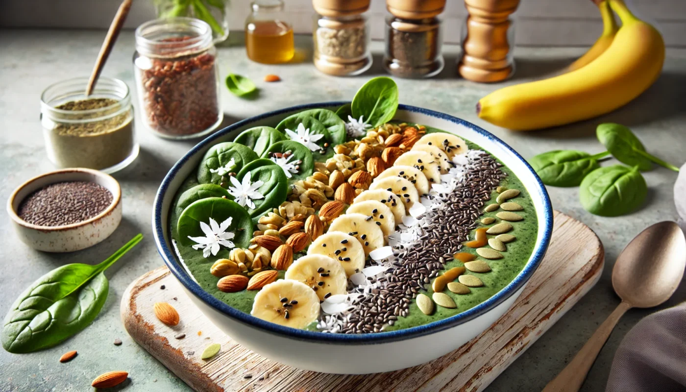 A vibrant and nutrient-packed smoothie bowl crafted for the Hormone Type 2 Diet Plan, made with spinach, banana, almond butter, flaxseeds, and garnished with coconut flakes.