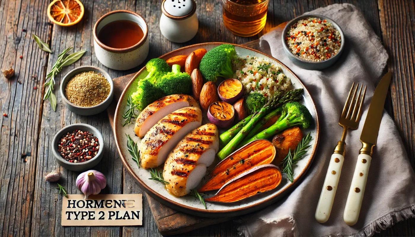 A balanced hormone-supporting dinner plate for the Hormone Type 2 Diet Plan, showcasing grilled chicken, roasted sweet potatoes, steamed broccoli, and a side of quinoa.