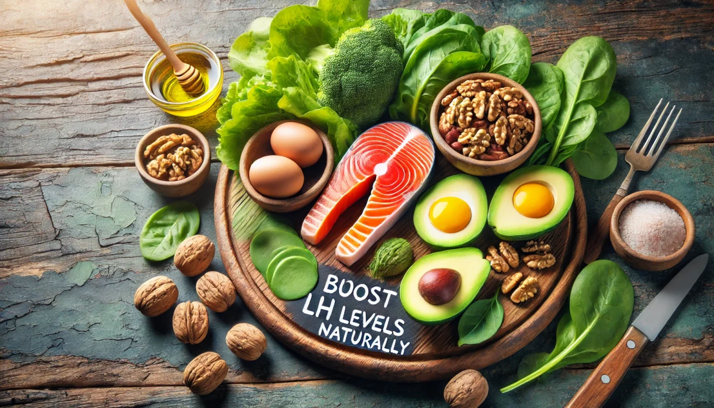 Nutrient-rich meal featuring salmon, avocado, walnuts, leafy greens, and eggs, supporting a healthy diet to naturally increase LH levels in females.