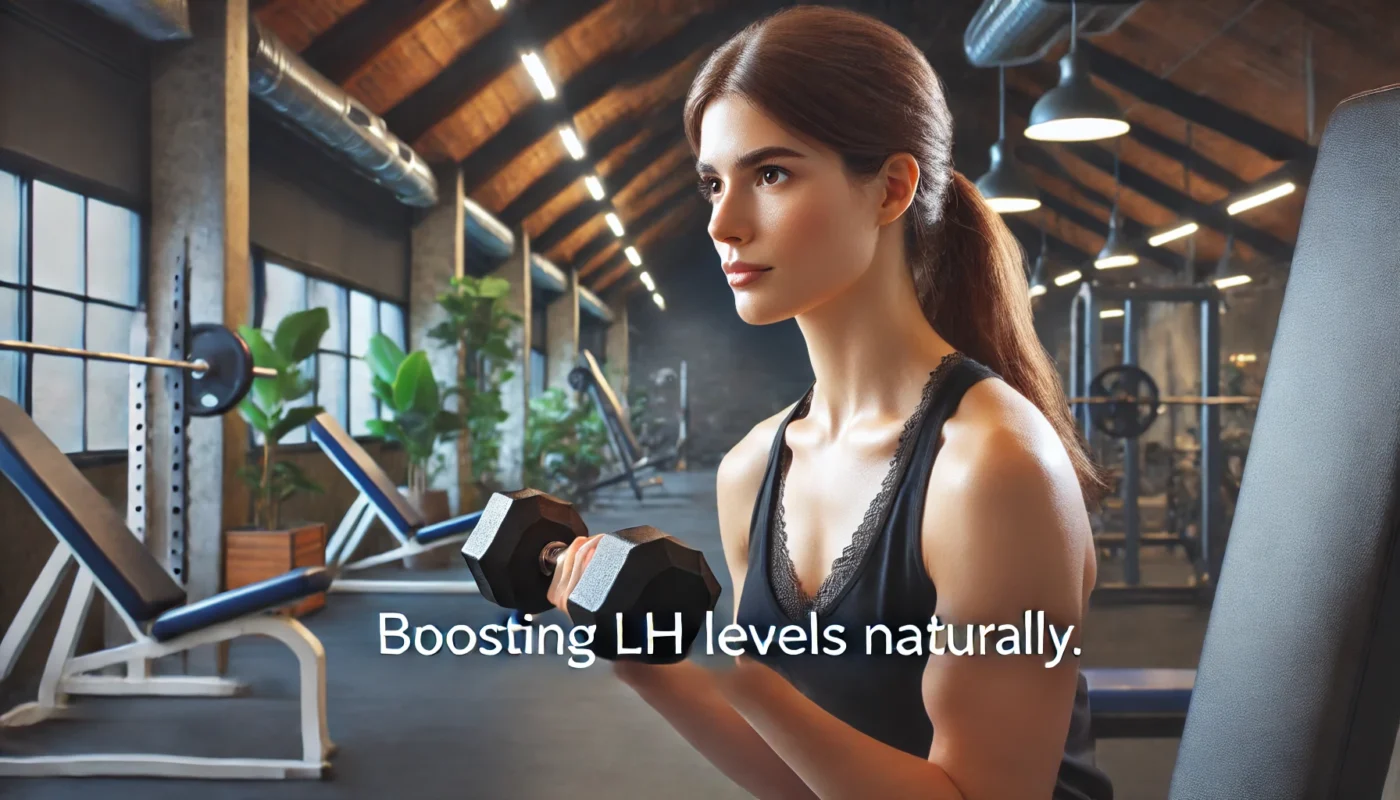 Woman lifting weights at a gym, demonstrating how strength training naturally boosts LH levels in females and supports hormonal health.