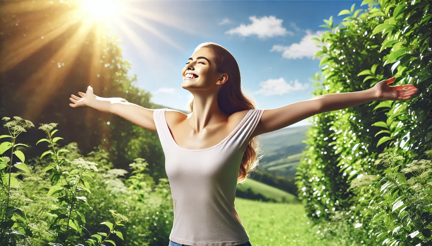 Vibrant woman standing in nature with arms outstretched, embracing sunlight and symbolizing good health, energy, and natural hormonal balance.