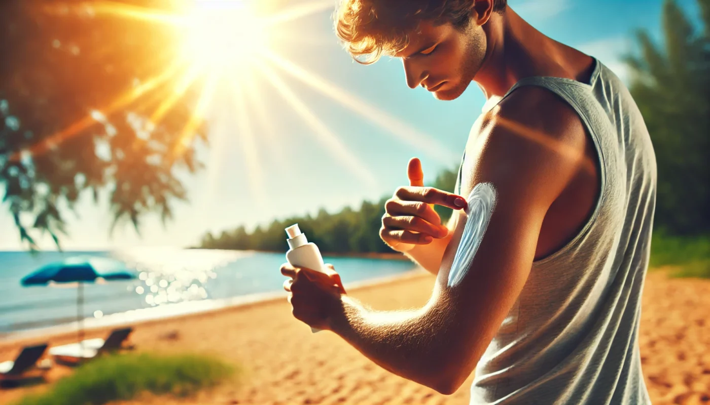 A person at the beach or park reapplying sunscreen under direct sunlight, ensuring continuous protection against harmful UV rays.