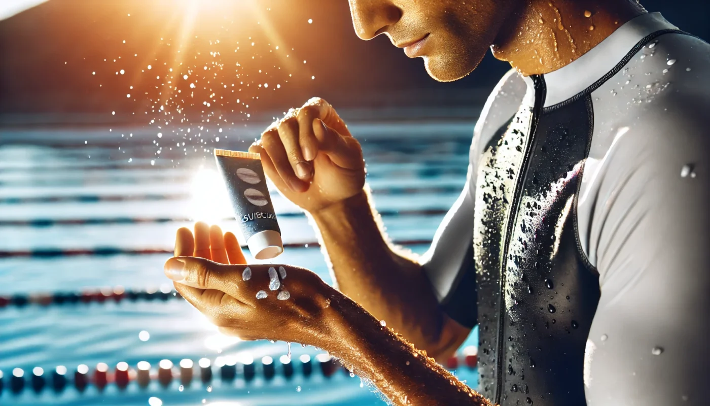 A swimmer or athlete reapplying sunscreen after swimming or sweating, demonstrating the need for water-resistant sunscreen.