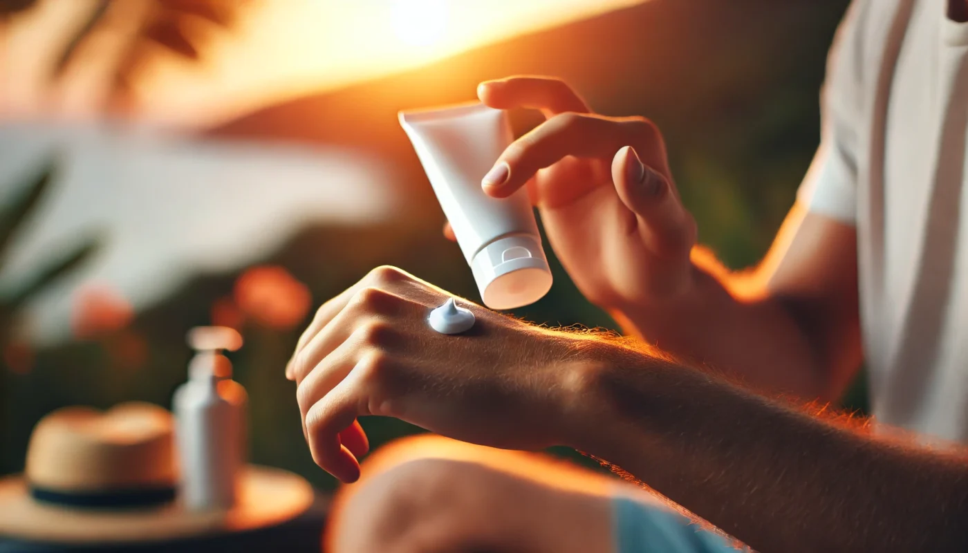 A person applying a gentle after-sun lotion in the evening, soothing their skin after a full day of sun exposure.