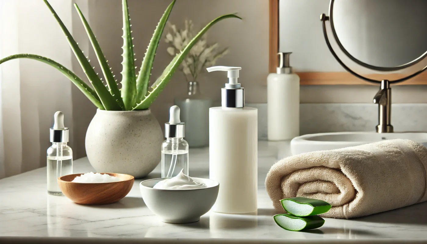 A serene skincare setup showing a sleek sunscreen bottle, a bowl of moisturizer, aloe vera leaves, and a soft towel on a marble countertop, highlighting the essentials for applying sunscreen.