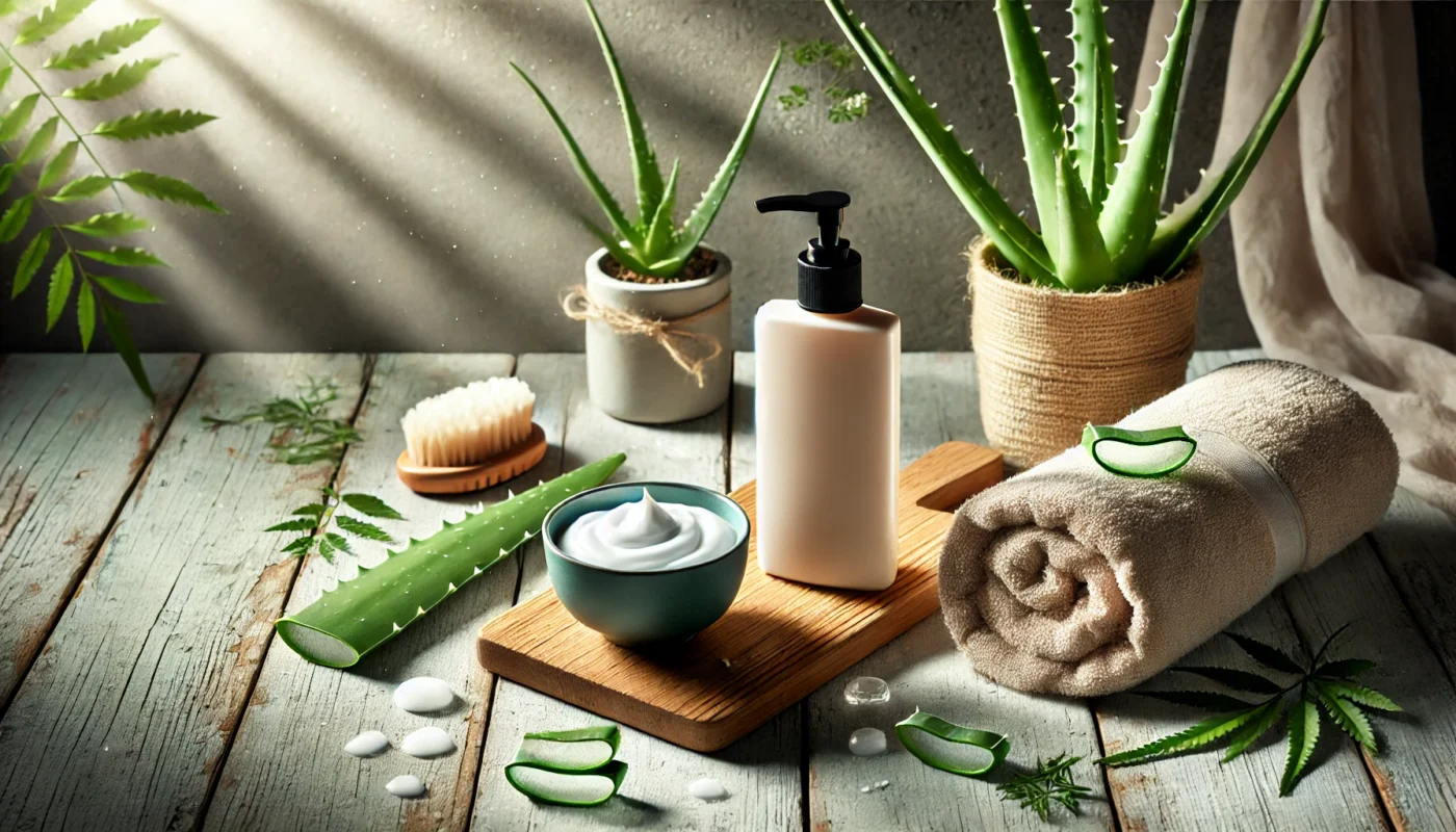 An outdoor setup with a sleek sunscreen bottle, a bowl of moisturizer, a soft towel, and aloe vera leaves on a wooden table, illuminated by natural sunlight for a refreshing skincare routine.