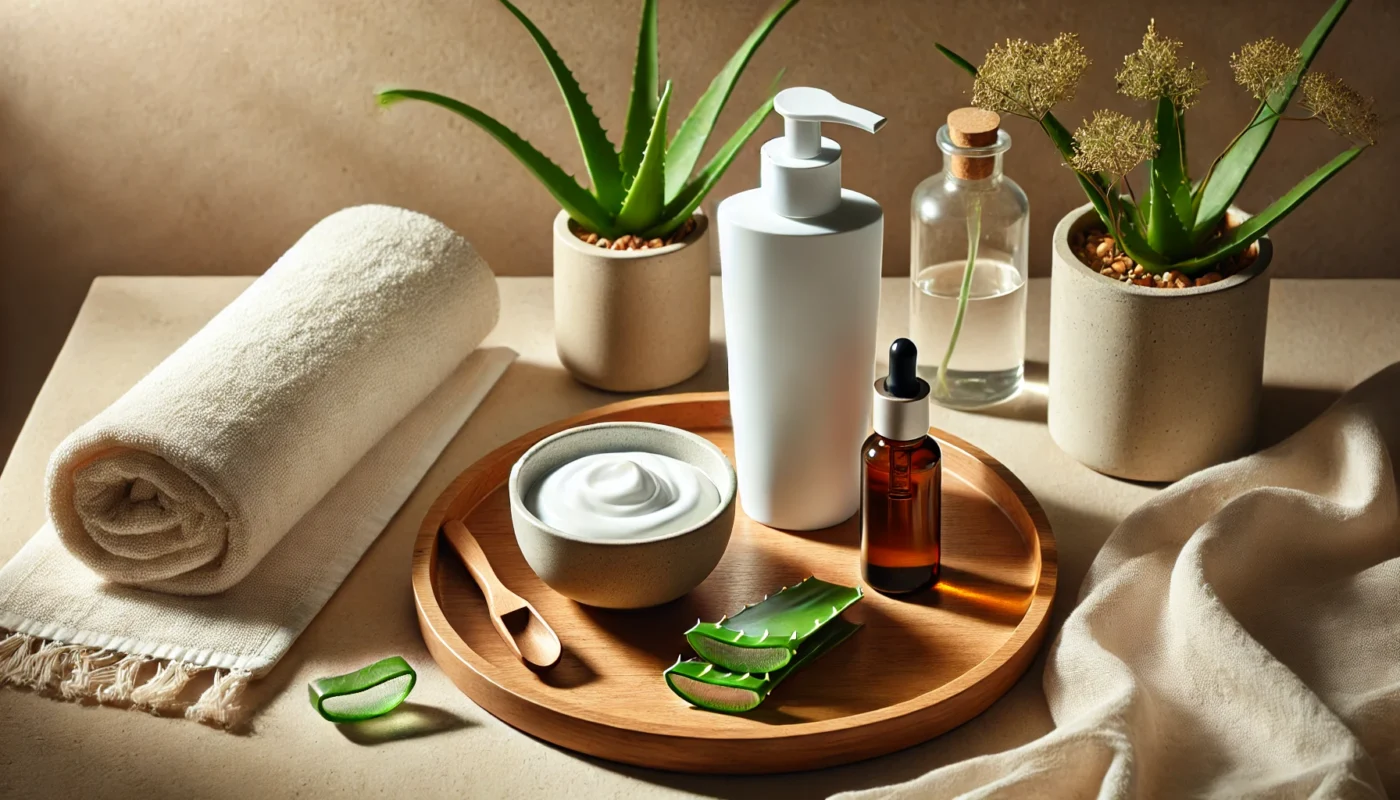 A minimalistic skincare setup for applying sunscreen, featuring a sleek sunscreen bottle, a bowl of moisturizer, and aloe vera slices on a wooden tray. The setup includes a soft towel and potted plants, creating a calm and organized skincare atmosphere.