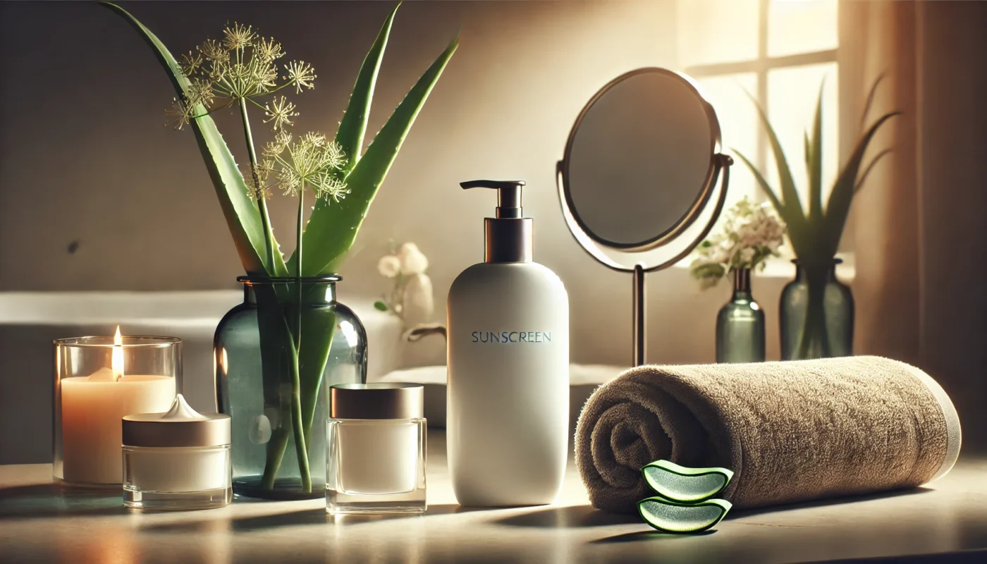 A serene bathroom scene showcasing a sleek sunscreen bottle, a jar of moisturizer, and aloe vera leaves with a soft towel and round mirror, illuminated by warm natural lighting for a soothing skincare ambiance.