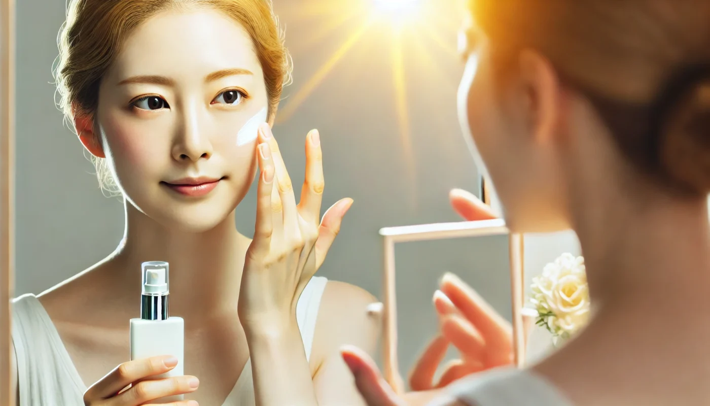 A woman with fair skin applying sunscreen to her face while looking in a mirror. The scene is bright and well-lit, emphasizing proper sunscreen application techniques for facial protection.