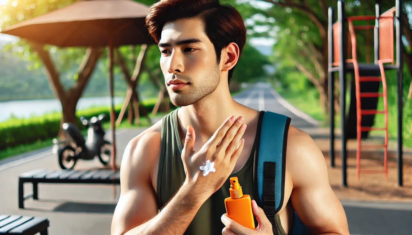 A man with medium skin tone applying sunscreen to his face and hands before going for a run in a natural outdoor setting. The image highlights the importance of sun protection during outdoor activities.