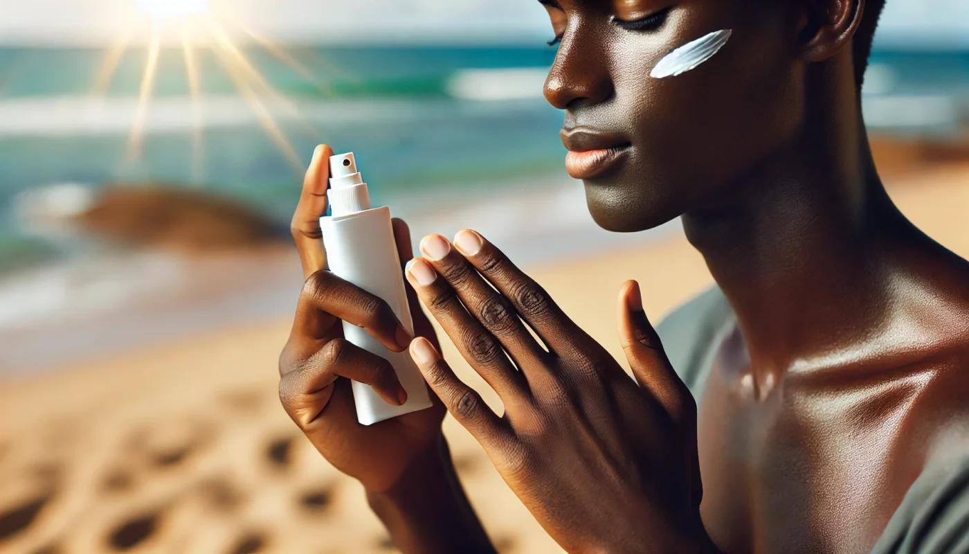 A person with darker skin tone applying sunscreen while enjoying a sunny day at the beach. The image highlights the importance of sun protection for all skin tones, ensuring proper skincare under direct sunlight.