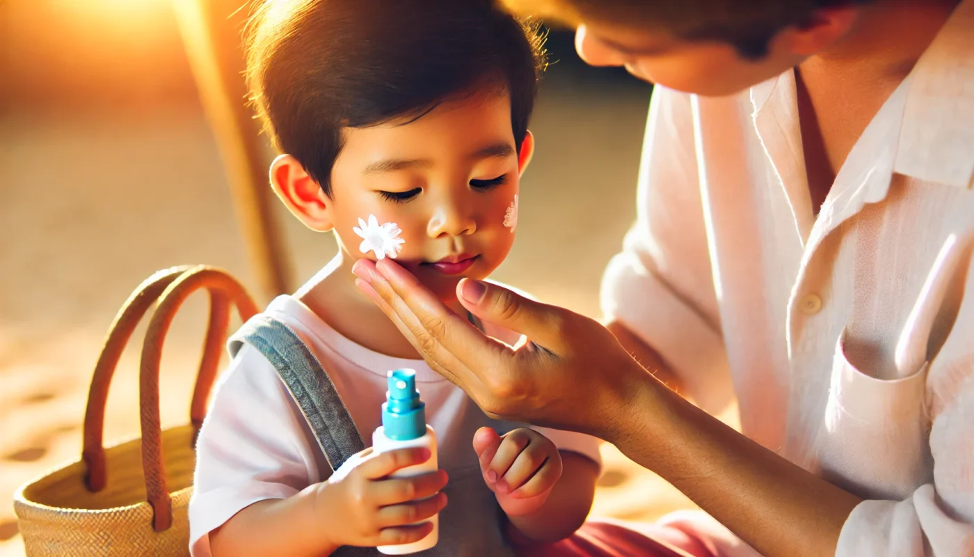 A parent gently applying sunscreen to a young child's face in a warm and natural outdoor setting. The scene emphasizes sun protection for sensitive skin, ensuring safety for children under the sun.